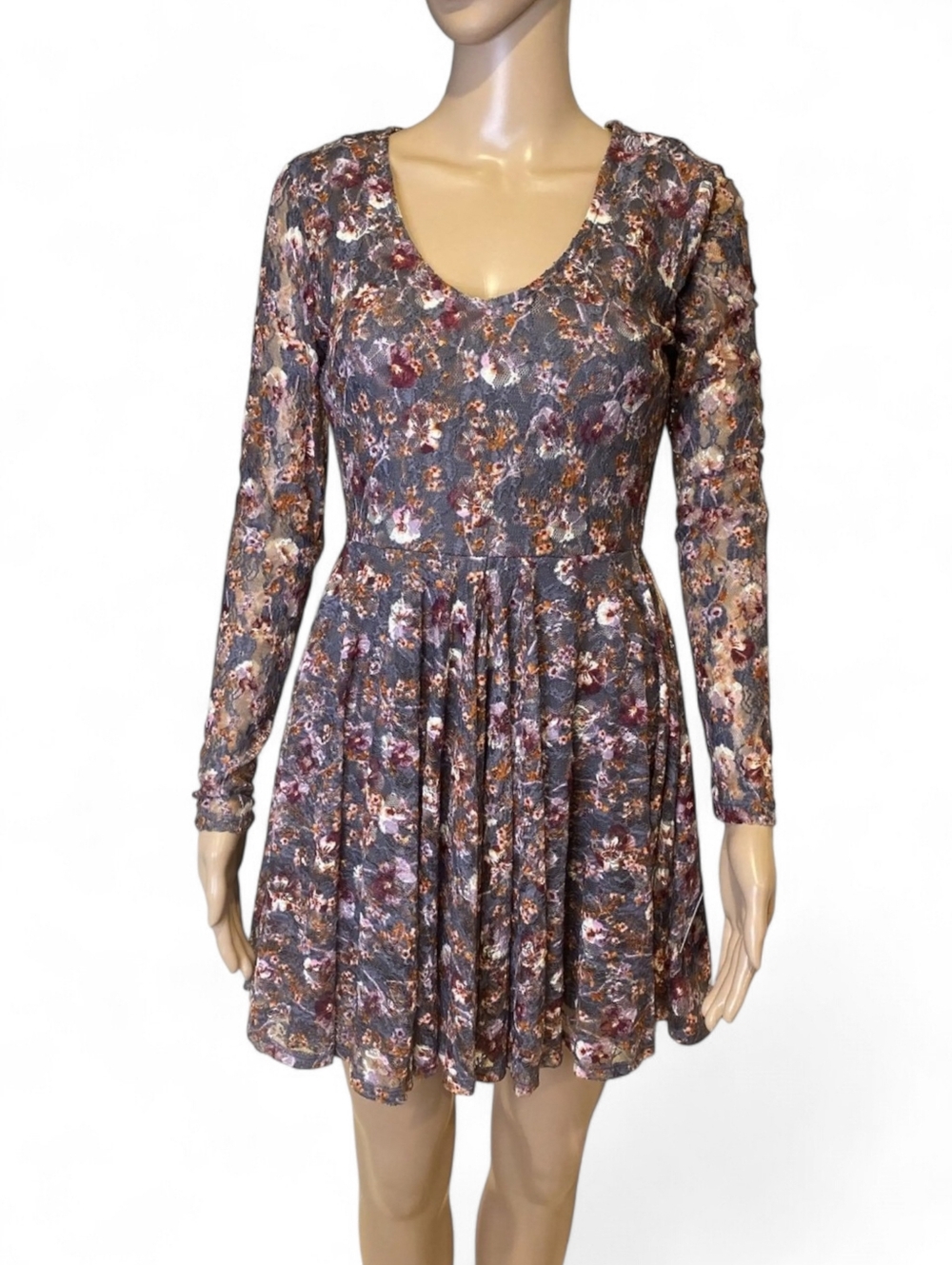 Fairycore Gray Whimsigoth Grunge Floral Long Sleeve Feminine Dress Sx L